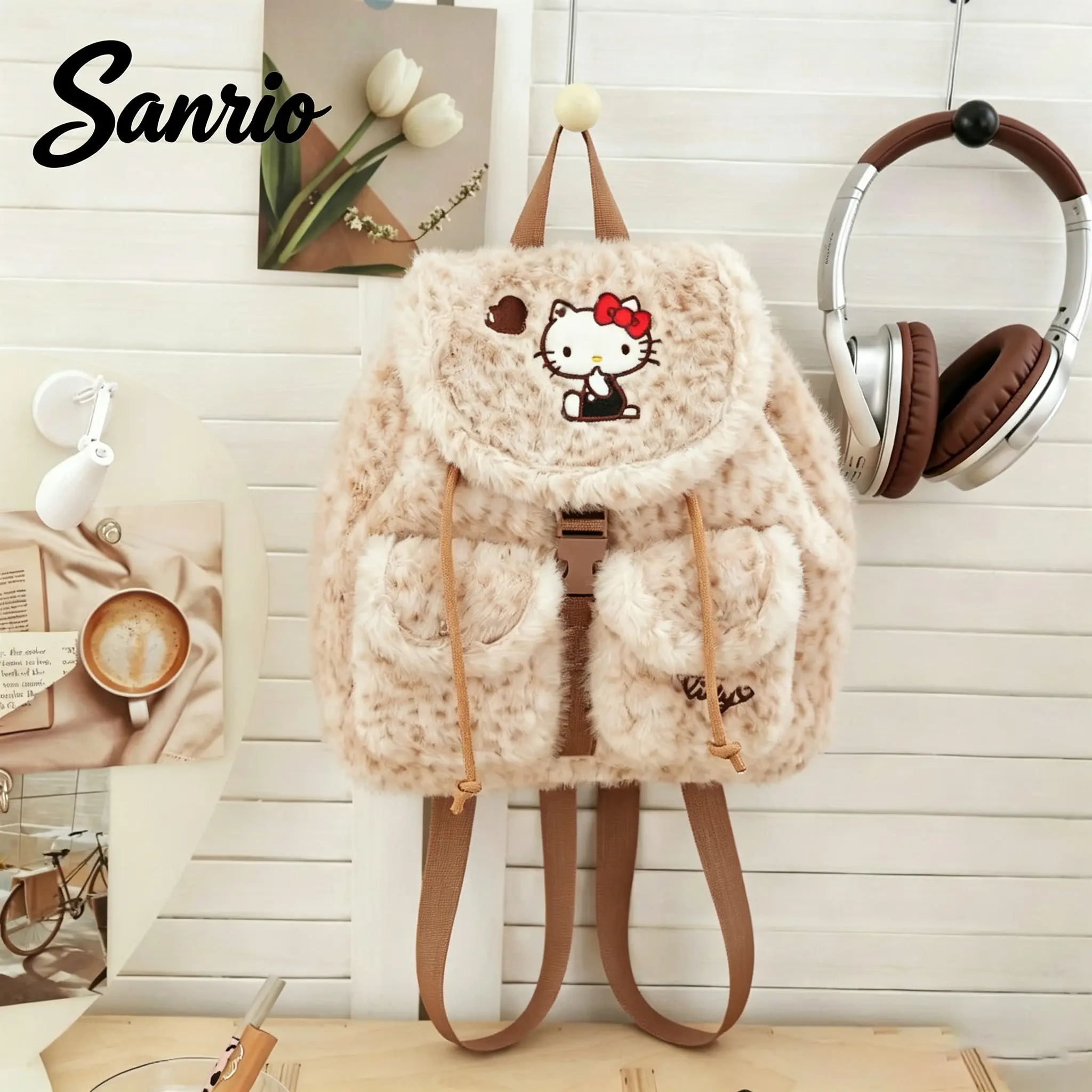 Sanrio Leopard-Print Plush Rucksack, Crossbody Bag, Handbag, Fashionable Large-Capacity Tote Bag, Autumn/Winter Cute Hello Kitty Backpack, Commuter School Bag
