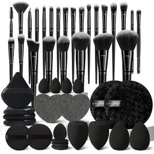 47Pcs Professional Makeup Brush Set Foundation Powder Concealer Eyeshadow Brushes,with Mini and Standard Makeup Sponges,Small Loose Powder Puff,Mini Makeup Puff,Triangle Puffs,Heart Shape Facial Sponges,Cleaning Sponge