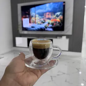 2.5oz Double Walled Espresso Coffee Cups Set of 6 with Handle,Express Shots Glass Cup,Tazas de Cafe Expreso,Espresso Drinkware,Borosilicate, Aesthetic Handmade