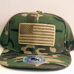 Weathered American Flag Patch Cap, Genuine Leather, on camouflage hat