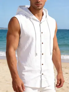 Men's Spring ＆ Summer Outfits Solid Color Sleeveless Hooded Henley Vest Shirt, Textured Linen Blend, Breathable, Button Down Placket & Drawstring Hood, Casual Beach Top for Vacation & Daily Wear