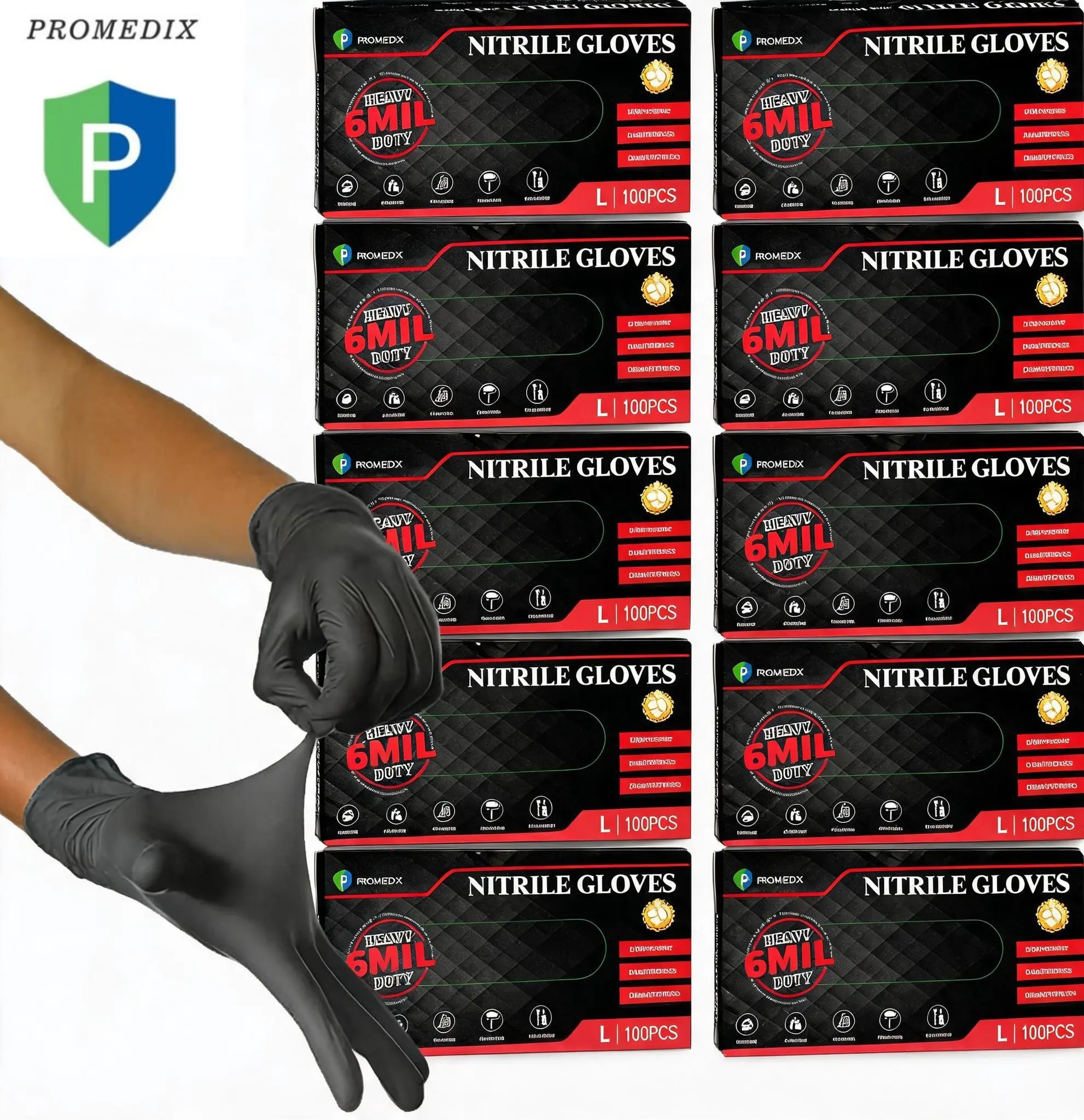 PROMEDIX P Heavy-Duty 6mil Soft Nitrile Cleaning Gloves, 100-2000Pcs Black Disposable Regular Waterproof Gloves, Latex-Free, Powder-Free, for Kitchen/Home Maintenance, Automotive Tasks