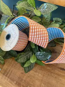 2.5”x 10yds Poplin Gingham, Orange/Teal Ribbon