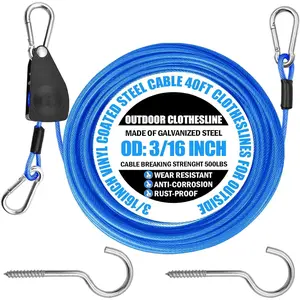 40ft Clothes Line Outdoors 3/16" Wire Ropes Blue PVC Coating Laundry Drying Clothesline Retractor with Metal Hooks Heavy Duty for Umbrella Travel Outside Camping Backyard
