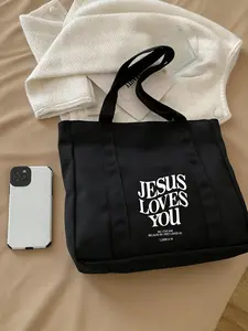 1PC Letter Print Shopping Bag,Multi-Pocket Casual Bag,Vintage Letter Print Tote Bag,Jesus Loves You Christian Print Cosmetic Bag,Large Capacity Handbag,Back To School Essential,Perfect For Outdoor,Travel And Back To School,School Shoulder Bag,Perfect Gift