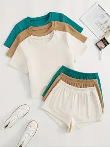 Women's Minimalist Solid Tee & Shorts Two-piece Set, Casual Matching Set, Comfy Round Neck Short Sleeve T-shirt & Shorts for Daily Wear, Ladies Summer Clothes, Casual Fashion Set