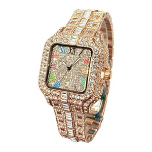 Iced Out Square Watch for Men Women - Rose Gold Full Diamond Hip Hop Watch with Colorful Roman Numerals, Bling Quartz Wristwatch