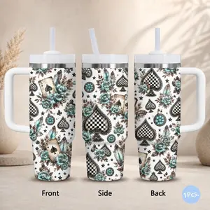 Turquoise & Black Spade Floral Vacuum Flasks 40oz Stainless Steel Tumbler with Handle & Straw – Vacuum Insulated Travel Mug, Keeps Drinks Cold Up to 34H, Leak-Resistant Cup for Iced Coffee, Water, Gym, Office & Travel