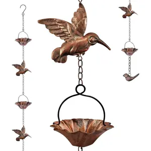 8.5 FT Copper Decorative Rain Chain for Gutters, Hummingbird & Lotus Cup Rain Catcher with Weighted Bird, Downspout Alternative for Garden Patio Outdoor Drainage