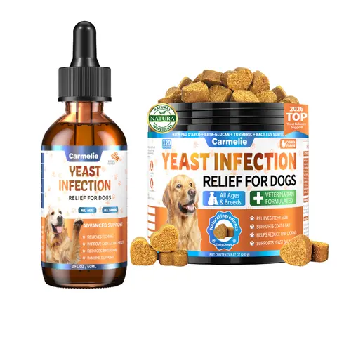 Carmelie Yeast Support Bundle for Dogs – Bacon Flavor Drops + Chicken Flavor Soft Chews, Itch & Paw Licking Relief, Hot Spot-Prone Skin, Ear & Paw Odor Care, Skin & Coat Support, All Ages