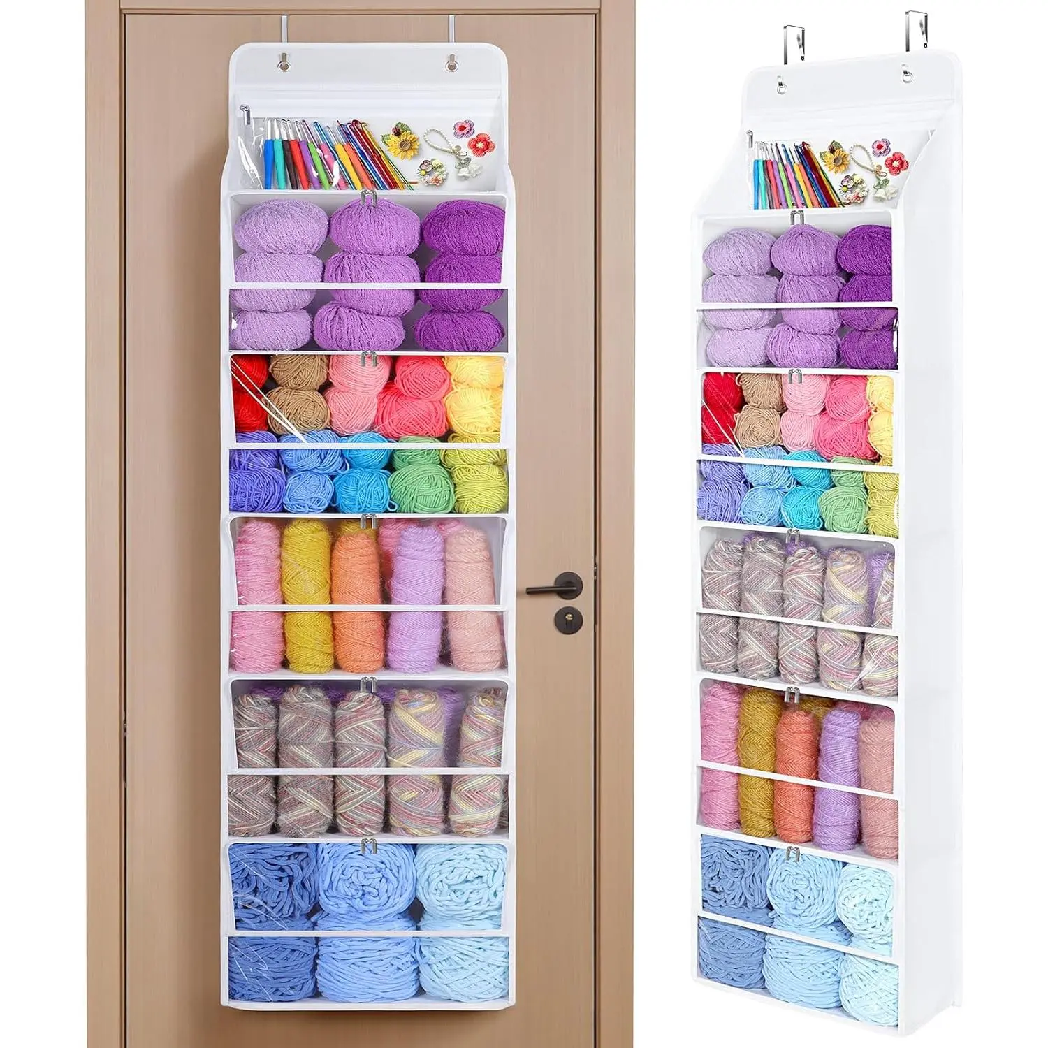Hanging Yarn Storage Organizer with 6 Zipper Closure Compartments, Large Capacity Knitting Organizer Storage, Over the Door Hanging Yarn Holder for Knitting , Crochet Hooks(Clear White)
