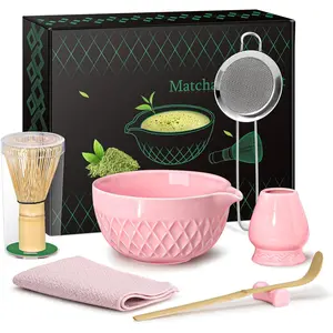 Matcha Whisk Set, 7 Pcs Kit, Includes Matcha Bowl with Spout, Matcha Whisk and Holder, Bamboo Scoop, Scoop Rest, Sifter and Tea (Cherry Blossom Pink)