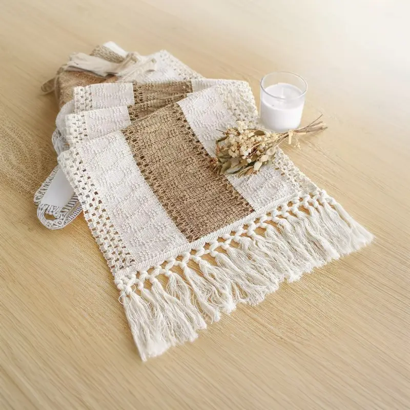 Automotive Body-Frame-Bumper Themed Macrame Boho Table Runner with Tassels, Cream & Brown, 12x90 in, for Christmas Dining Table Decor