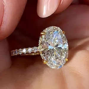 BlingBling Women's Oval Synthetic Zirconia Ring | Four-Prong Golden Classic Elegant Engagement Ring for Wedding, Daily Wear & Valentine's Day Gift, April Birthstone Jewelry