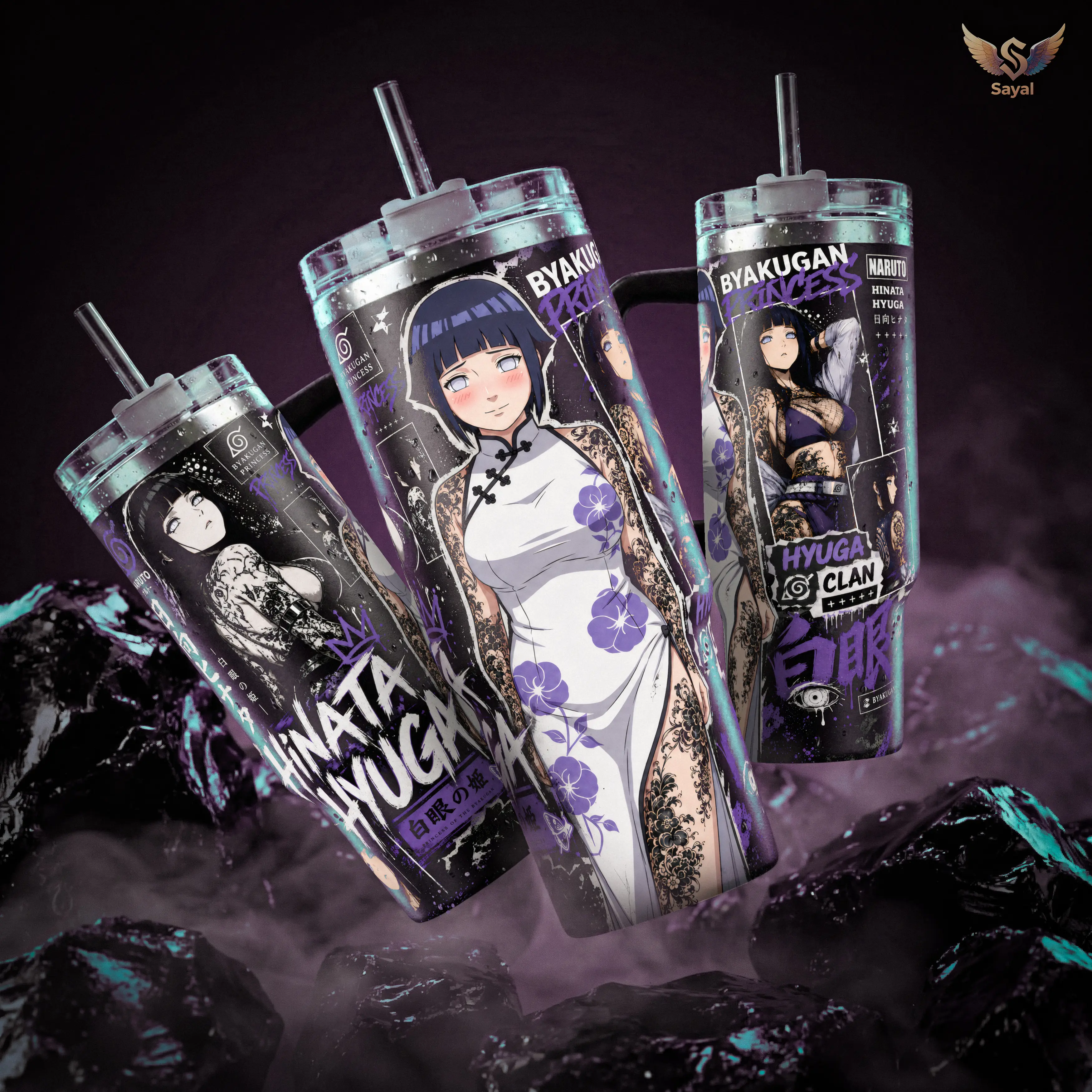 Hinata Hyuga Byakugan Princess Japan Yakuza Vibe 40 20 oz Insulated Tumbler Stainless Steel Handle Straw Keeps Drinks Hot Cold Purple Hyuga Clan Anime Merch For Fans