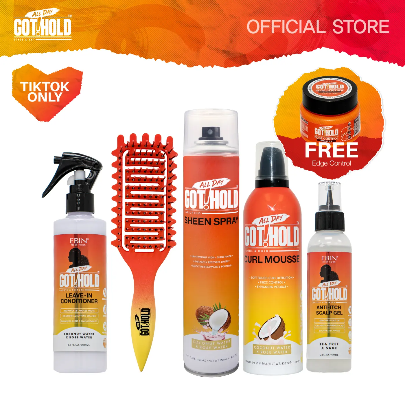 All Day Got Hold Complete Braiding Care Bundle for Knotless Braids, Boho Braids & Cornrows Mousse, Sheen Spray, Leave-In Conditioner, Anti-Itch Gel, Curl Brush & Free Edge Control