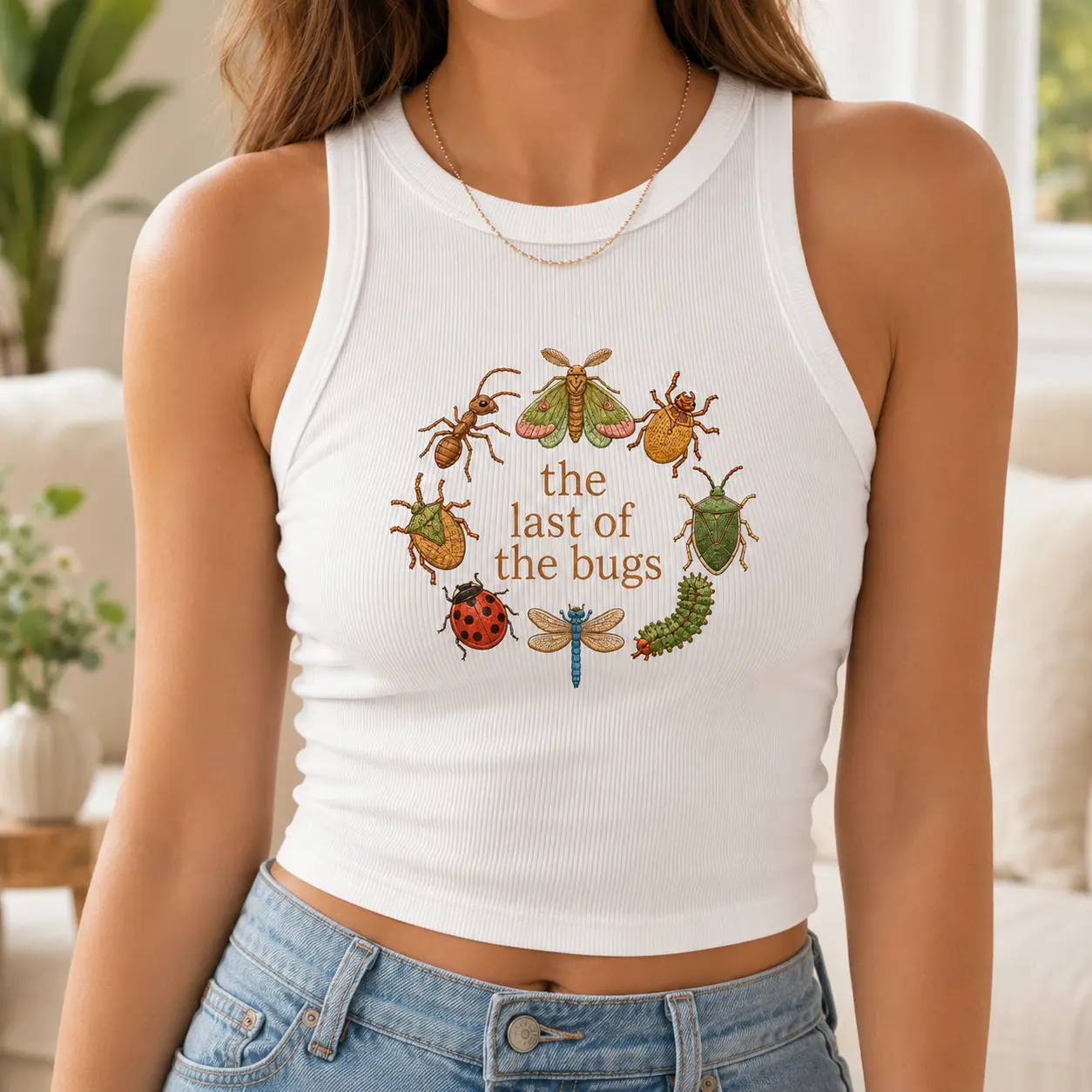 Vintage Bug Lover Racerback Tank Top, Insect Nature Graphic Sleeveless Shirt, Summer Casual Outfit Gift- Printed