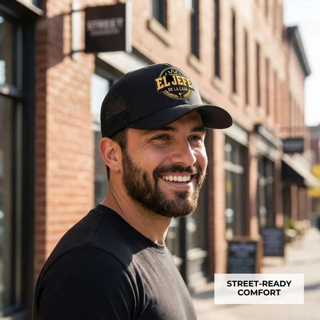 El Jefe De La Casa Trucker Hat for Men, Graphic High Crown Snapback with Breathable Mesh, Durable for Outdoor & Everyday Wear