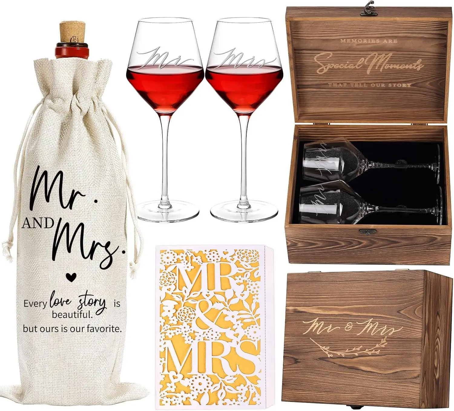 2026 Mr & Mrs Wine Glasses Gift Set with Memory Box,Wine Bag, Greeting Card – Engagement, Wedding & Newlywed Gifts for Couples, Just Engaged Gifts for Women