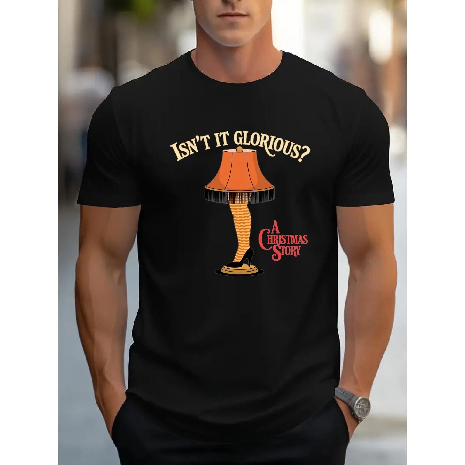 Men's/Women's Basic Short-Sleeve Classic T-Shirt, Comfy Fabric Undershirt, Black "Isn't It Glorious?" Leg Lamp A Christmas Story Print Casual Sports Top