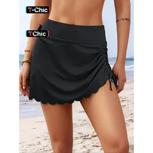 Women's Solid Color Scallop Trim Drawstring High Waist Swim Skort, High Stretch Casual Fashion Swim Bottoms for Outdoor Beach Holiday Vacation, Ladies Swimwear for All Seasons, Elastic Waist Skort, Drawstring Skorts