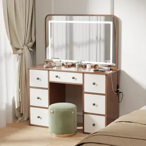 Vanity Desk with Power Outlet, Makeup Vanity with Mirror and 3 Adjustable LED Lights, Makeup Desk with 9 Drawers for Bedroom and Dressing Room , room vanity touch  screen