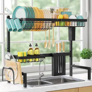 Over-Sink Dish Drying Rack - Adjustable Two-Tier Large Capacity Stainless Steel Draining Rack, with Cutlery and Utensil Storage Rack, Kitchen Storage and Organization Supplies, Length 30"-33.9" x Width 11" x Height 21.5", Black