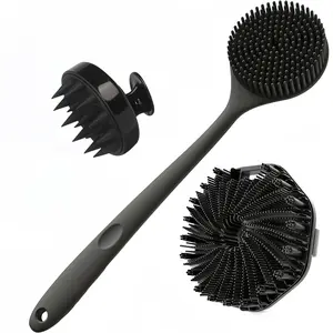 3 Piece Silicone Bath Brush Set, Portable Wall-Mounted Shower Brushes, Scalp Cleaner, Long Handle Body Brush, Skin-Friendly, Bathroom Accessories, Bathroom Supplies, Home, Hotel, Travel Use