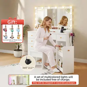 LAKEMID Vanity with Extra-Large Mirror, Illuminated Mirror, 12-Light LED Panel with Three Color Settings, Plus a Complimentary Multi-Color Light Set, 7-Drawer Vanity, Featuring a Pull-Out Double-Tier Storage Cabinet, Women's Vanity (White) 【Summervibes】