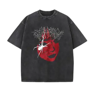 Vintage Washed Black Unisex T-Shirt – Spider & Red Face Graphic, Oversized Fit for Outdoor Streetwear & Gothic Aesthetic