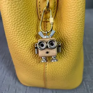 DIY Handmade Creative Car Keychain, Keychain Bag Pendant, Punk Wooden Stainless Steel Robot Pendant, Unique Luggage Accessory, Customizable Gift Idea