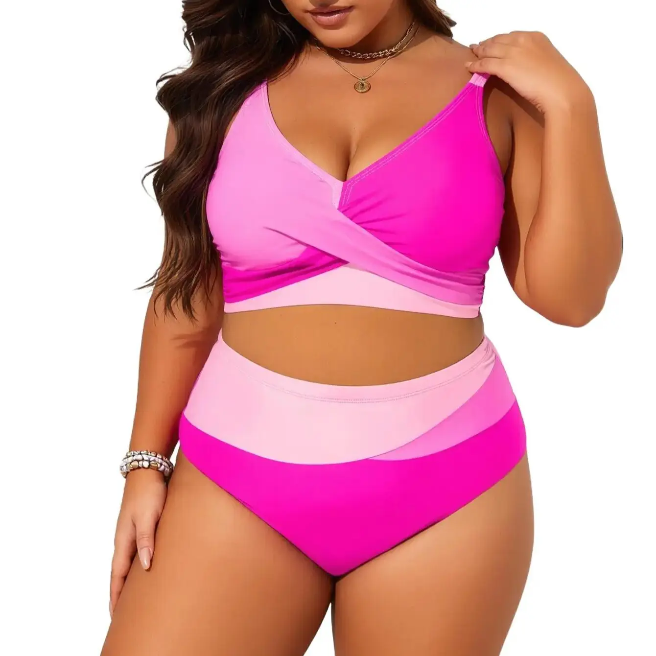 Plus Size Bathing Suit for Women, Pink Colorblock Crisscross High-Waisted Bikini Set with Ruched Tummy Control, Beachwear Swimsuit Set, Stylish Bikini Set