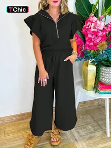 Women's elegant solid color textured ruffled sleeve half-zip top T-shirt sweatshirt and high waist wide-leg pants set Outfit, comfortable and fashionable, suitable for sports, daily leisure, outdoor activities, parties, lazy time wear