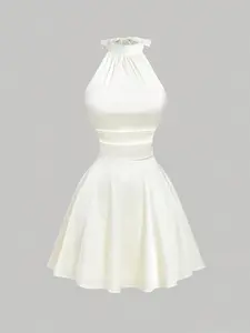 Sweet Halter Neck Bow Puff Dress, Elegant Backless Fitted Waist Cinching Dress, Tie-Back Party Dress, Birthday Party, Vacation Travel, Garden Party, Womenswear, Fashion, Style