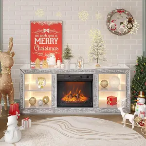 summervibes Karlhome Mirrored Fireplace TV Stand for 70" TV, Diamond Entertainment Center with Shelves ＆ 20 Color LED Lights, Media Console Table with 18'' Electric Fireplace for Living Room/Bedroom (Assembled)