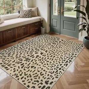 Leopard Area Rugs for Living Room, Machine Washable Animal Rug Foldable Ultra-Thin Indoor Non Slip Brown Carpet Print Mat,Bedroom/Dining Room/Home Office,Leopard