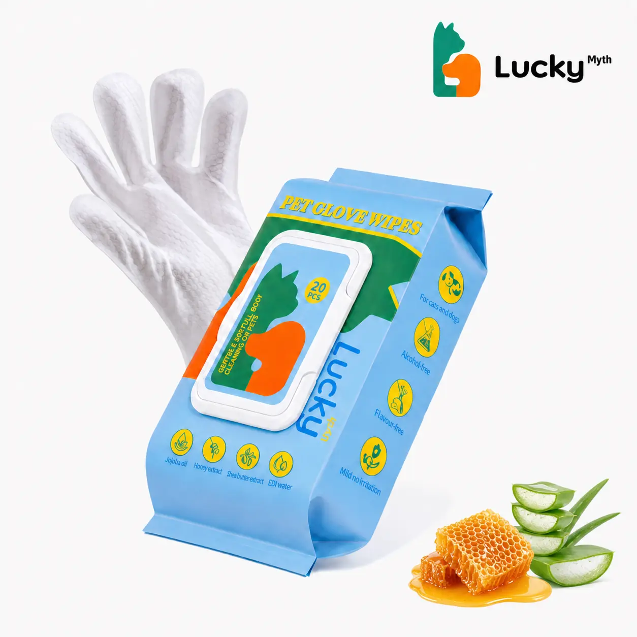 Luckymyth Disposable Dog & Cat Grooming Wipes (1 bag/20pcs, 1 Size) - Natural Fermented Oils, Hypoallergenic, No-Rinse, Mess-Free for Puppy & Kitten Paws, Hair Removal, Sticky Hair Control, Deodorizing, Skin Moisture, Camping Use