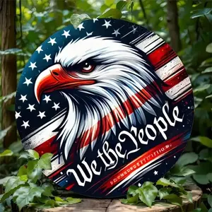 American Flag Foil Engraved Round Wreath Aluminum Sign Patriotic Indoor Home Decoration Textured Metal Wall Art for Living Room