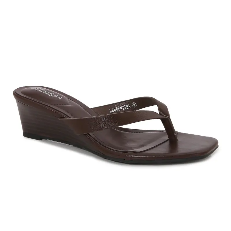 BERNESS Laurentina Women's Elevated Slip-On Sandals - Faux Leather Low Wedge, Square Toe, Thong Flip Flops, Basic Plain Dressy Casual Shoes for Women for Beach, Summer Outfits