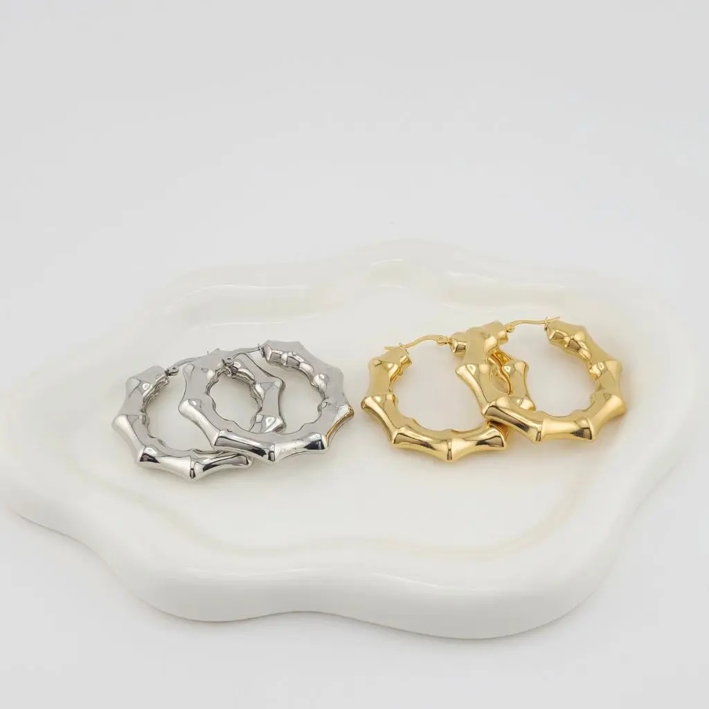 FWJ Bamboo Design Puff Hoop Earrings for Women, 2-Tone Gold Plated Stainless Steel Daily Fashion Jewelry