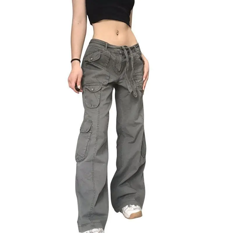 Women Autumn Cargo Pants, Solid Color Low-Waist Loose Fit Casual Trousers with Multi-Pockets for Girls, Gray