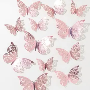 12-Piece Hollow Wall Stickers, Creative Butterfly Design Decorative Paper Decals, Party Cake Home Decoration, Adhesive Wall Art