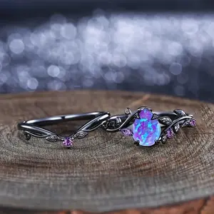 2pcs Elegant Luxurious Water Drop Synthetic Opal Vine Leaf Engagement Wedding Ring Wedding Jewelry Jewelry Valentine'S Day Gift