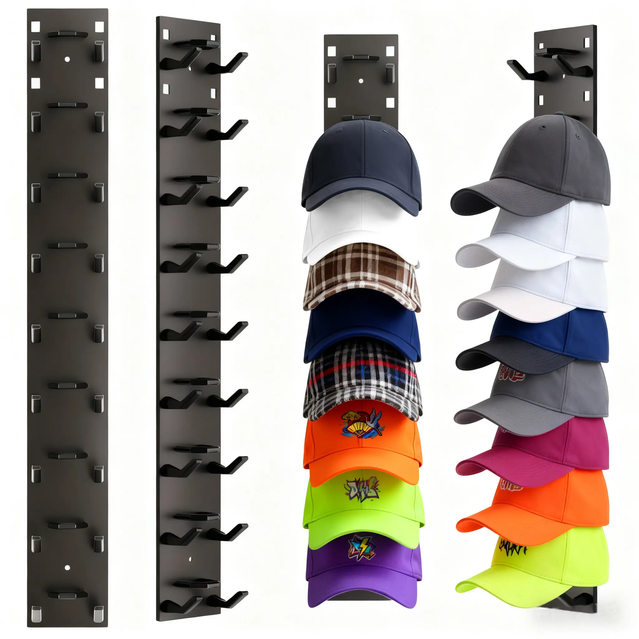 2 hat wall-mounted multi-layer hat storage racks, can hold 18 hats. The hanging storage rack is suitable for wardrobe doors and wall decoration. Black organizer
