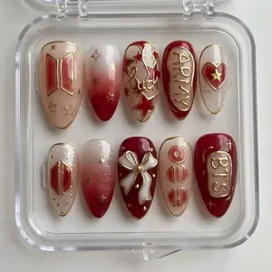 Handmade Kpop Music Press On Nails | Red Gold Kpop Idol Inspired Set
