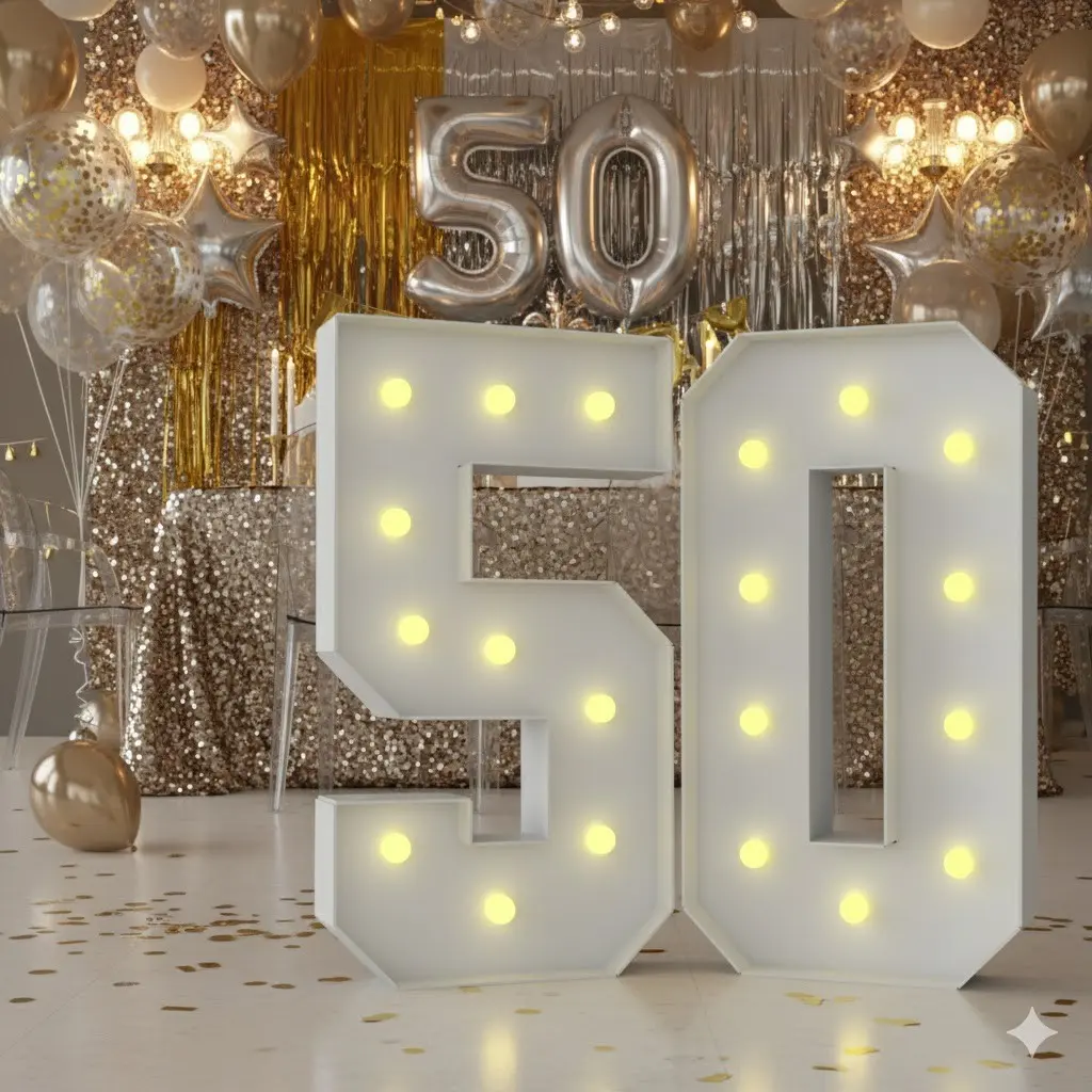 50th Birthday Decorations, LED Light-Up Number Sign Frame Kit, Pre-Cut Foam Board Set, & Warm Color Lights, Graduation Anniversary Party, Party Decoration Supplies, LED Lighting, Led Signs, Led Lighted
