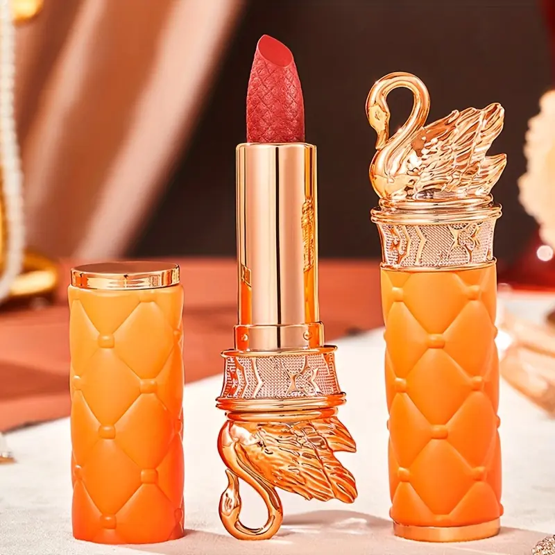 Luxury Velvet Matte Lipstick with Swan Design, Non-Stick, Non-Greasy, Moisturizing, Hydrate, Long-Lasting Wear, Red Shade, Plant-Based Squalane, Golden Cap & Pattern, Skincare Lipstick, Hydrating, Cosmetic