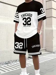 Men's Chicago 32 Number Printed Sportswear Set, Colorblock Short Sleeve T-Shirt & Casual Shorts Two-Piece Set, Workout Sets