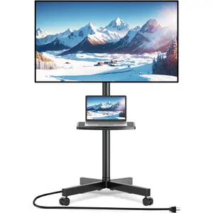 Rfiver Rolling TV Cart Stand for 32 to 65 inch Flat Panel Screens with Power Outlet, Mobile TV Stand Modern Black