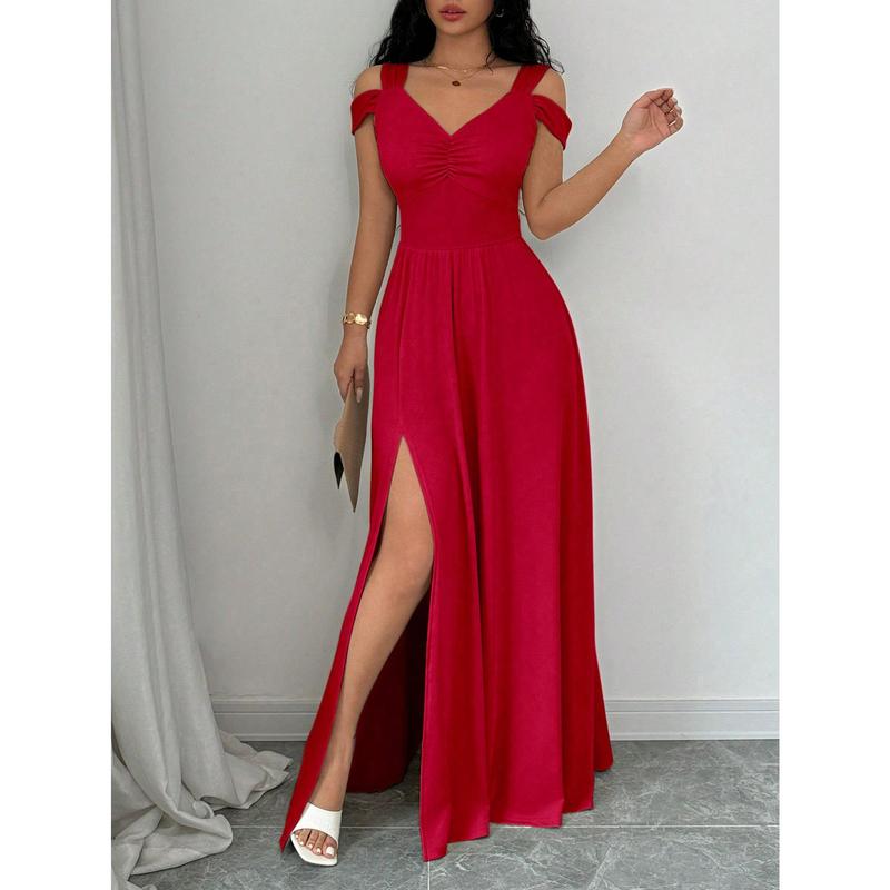 SHEIN Raffinéa V-Neck Cinched Waist Vintage French Style Women Dress For New Year Clothes Maxi Women Outfit